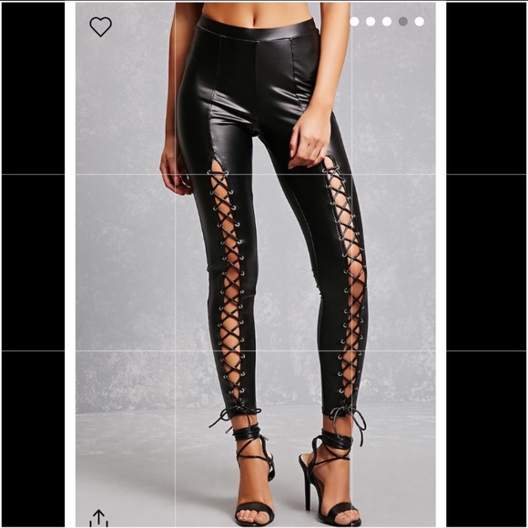 Pants - Faux Leather Lace Up Leggings